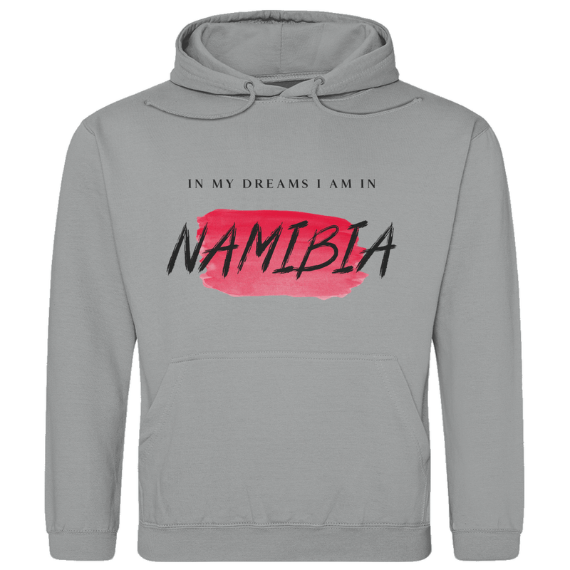 Kapuzenpulli für Herren in Farbe Heather Grey, Print: IN MY DREAMS I AM IN NAMIBIA. Fernweh zum Anziehen? travelPrint4U.de