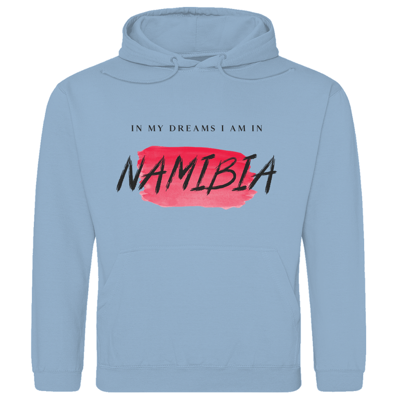 Kapuzenpulli für Herren in der Farbe Sky Blue mit Print: IN MY DREAMS I AM IN NAMIBIA. Fernweh zum Anziehen? travelPrint4U.de