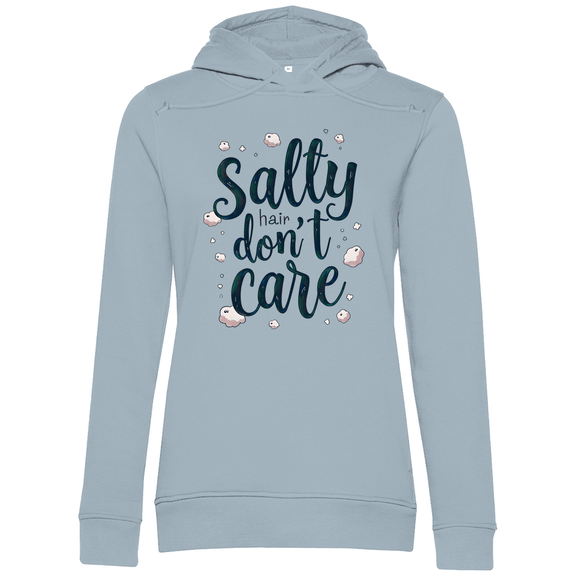 Kapuzenpullover für Damen mit Print SALTY HAIR DON’T CARE. Stoff-Farbe: Blue Fog. Fernweh mal lustig? travelPrint4U.de