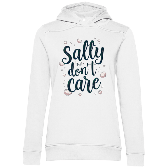 Kapuzenpullover für Damen mit Print SALTY HAIR DON’T CARE. Stoff-Farbe: White. Fernweh mal lustig? travelPrint4U.de