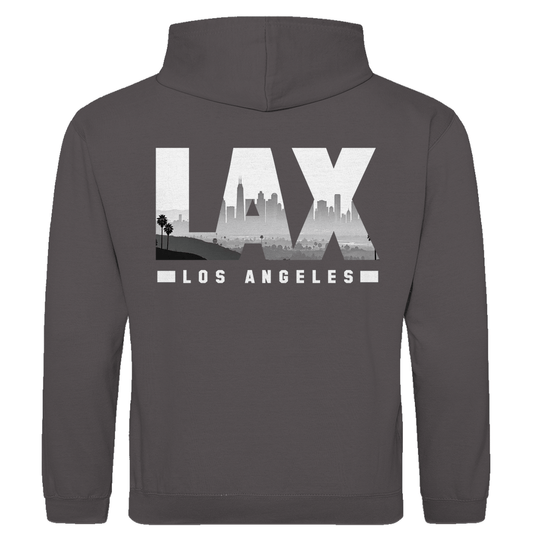 Kapuzenpullover für Herren mit LAX Airport-Code Print. Stoff-Farbe: Charcoal Heather. Fernweh zum Anziehen von travelPrint4U