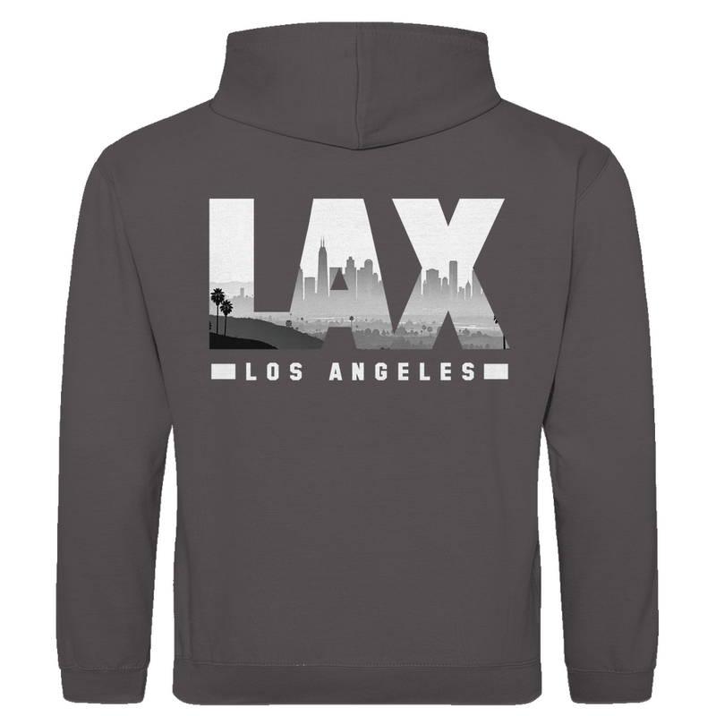 Kapuzenpullover für Herren mit LAX Airport-Code Print. Stoff-Farbe: Charcoal Heather. Fernweh zum Anziehen von travelPrint4U