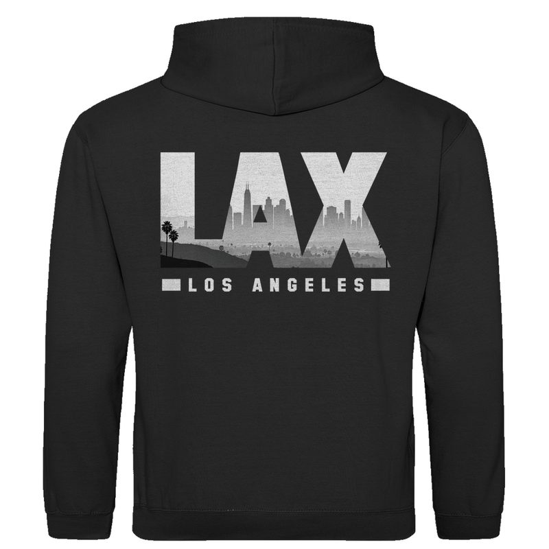 Kapuzenpullover für Herren mit LAX Airport-Code Print. Stoff-Farbe: Jet Black. Fernweh zum Anziehen von travelPrint4U.de