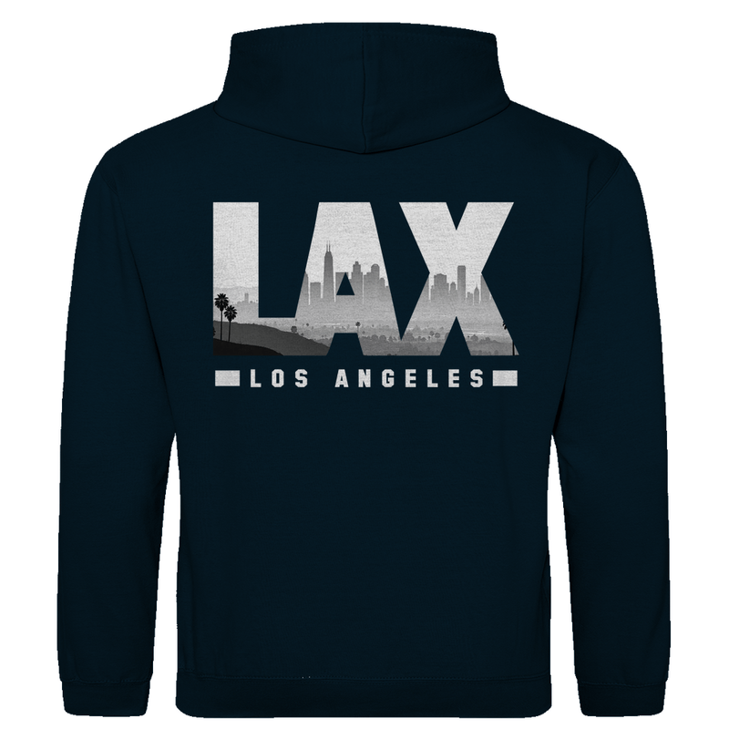 Kapuzenpullover für Herren mit LAX Airport-Code Print. Stoff-Farbe: New French Navy. Fernweh zum Anziehen von travelPrint4U