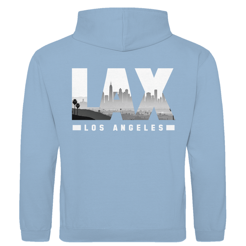 Kapuzenpullover für Herren mit LAX Airport-Code Print. Stoff-Farbe: Sky Blue. Fernweh zum Anziehen von travelPrint4U.de