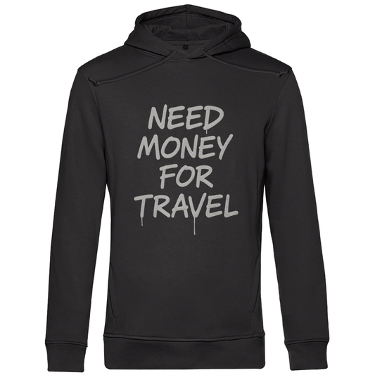 Kapuzenpullover für Herren mit NEED MONEY FOR TRAVEL Print (white). Stoff: Asphalt. Fernweh zum Anziehen? travelPrint4U.de