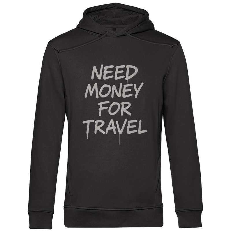 Kapuzenpullover für Herren mit NEED MONEY FOR TRAVEL Print (white). Stoff: Asphalt. Fernweh zum Anziehen? travelPrint4U.de