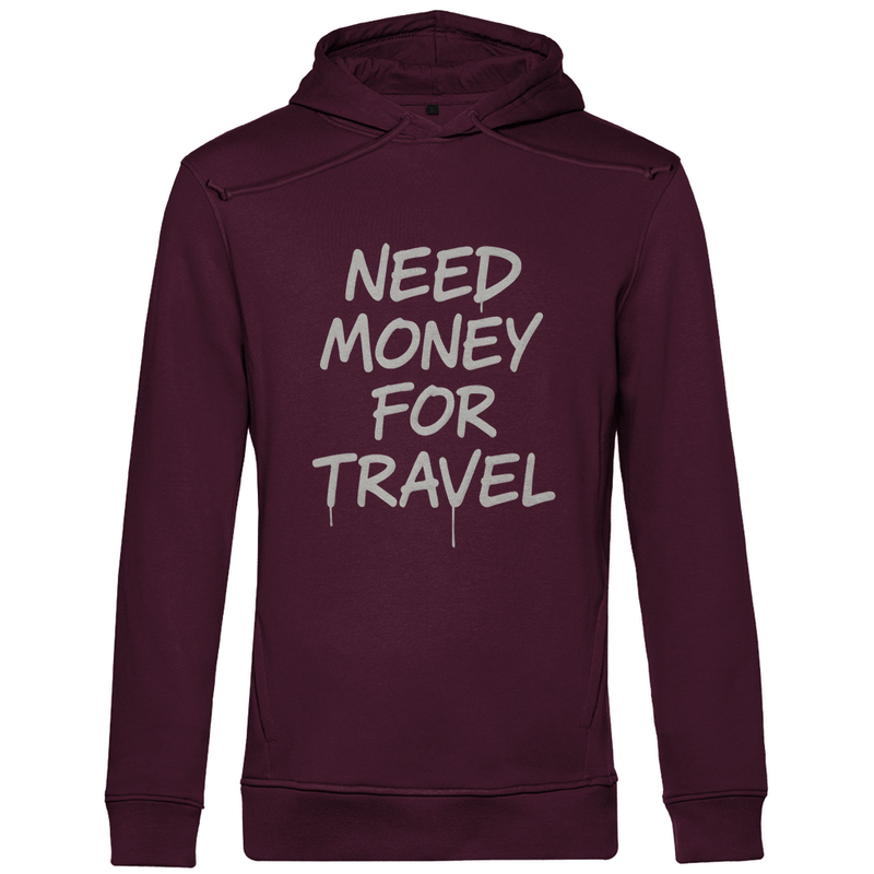 Kapuzenpullover für Herren mit NEED MONEY FOR TRAVEL Print (white). Stoff: Burgund. Fernweh zum Anziehen? travelPrint4U.de