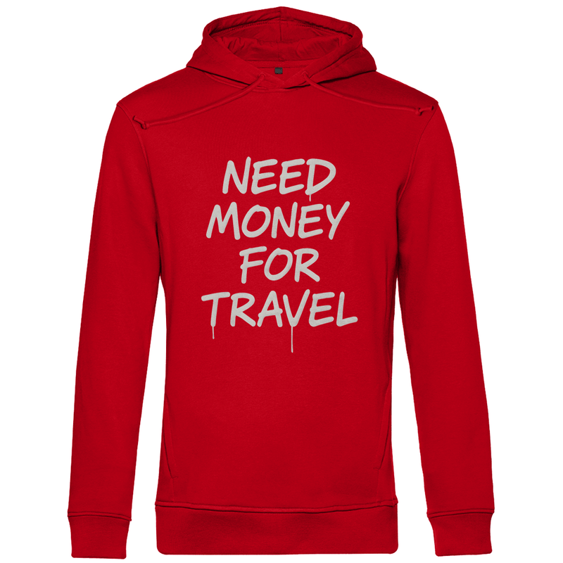 Kapuzenpullover für Herren mit NEED MONEY FOR TRAVEL Print (white). Stoff: Red. Fernweh zum Anziehen? travelPrint4U.de