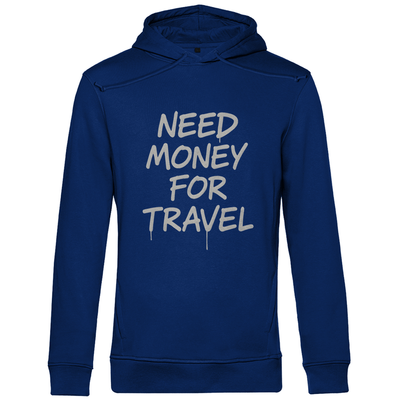 Kapuzenpullover für Herren mit NEED MONEY FOR TRAVEL Print (white). Stoff: Navy. Fernweh zum Anziehen? travelPrint4U.de