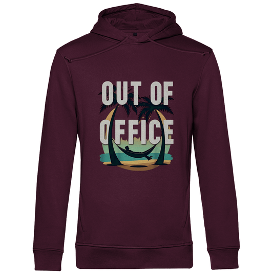 Kapuzenpullover für Herren mit OUT OF OFFICE Design. Stoff-Farbe: Burgund. Fernweh zum Anfassen? travelPrint4U.de