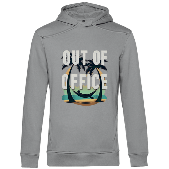 Kapuzenpullover für Herren mit OUT OF OFFICE Design. Stoff-Farbe: Heather Grey. Fernweh zum Anfassen? travelPrint4U.de