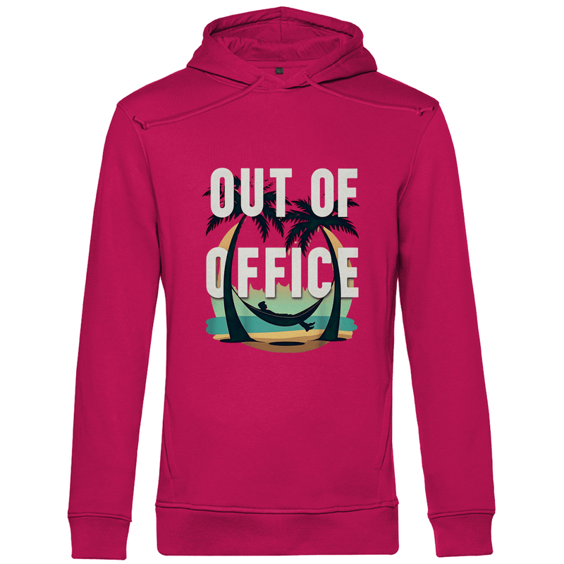 Kapuzenpullover für Herren mit OUT OF OFFICE Design. Stoff-Farbe: Magenta Pink. Fernweh zum Anfassen? travelPrint4U.de