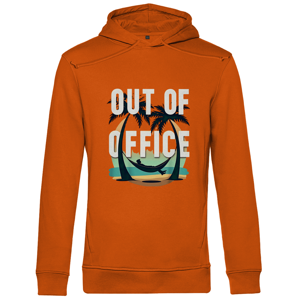 Kapuzenpullover für Herren mit OUT OF OFFICE Design. Stoff-Farbe: Orange. Fernweh zum Anfassen? travelPrint4U.de