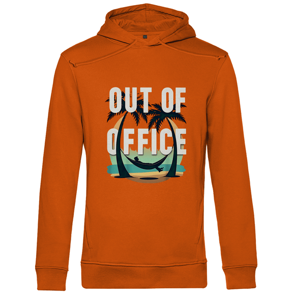 Kapuzenpullover für Herren mit OUT OF OFFICE Design. Stoff-Farbe: Orange. Fernweh zum Anfassen? travelPrint4U.de