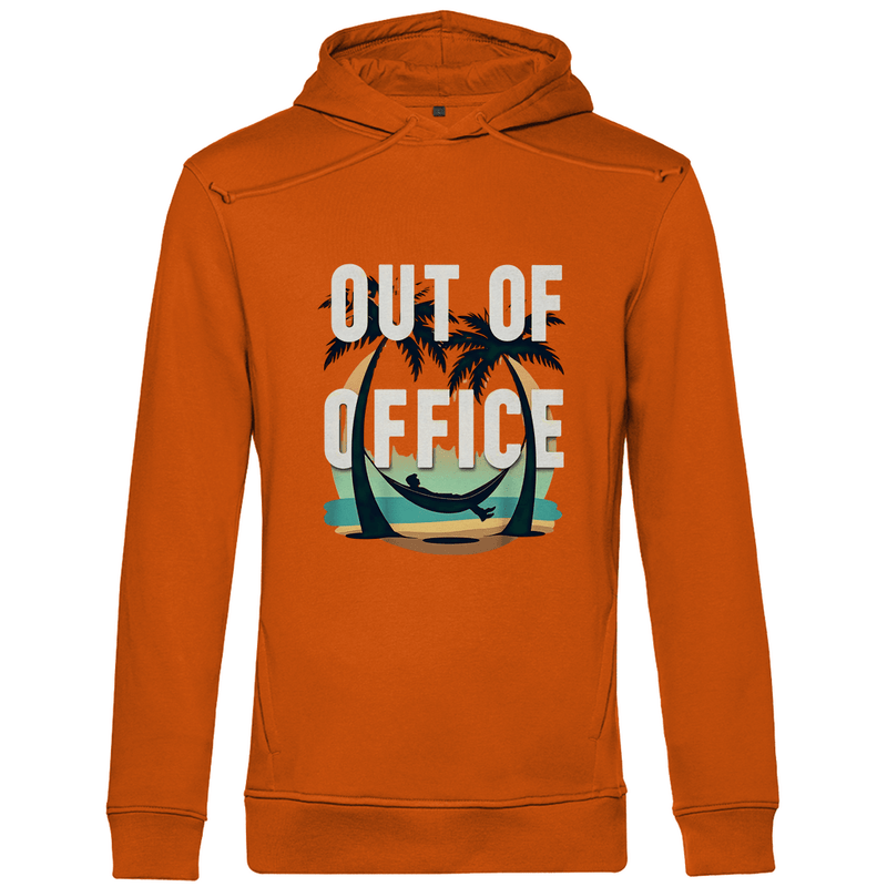 Kapuzenpullover für Herren mit OUT OF OFFICE Design. Stoff-Farbe: Orange. Fernweh zum Anfassen? travelPrint4U.de
