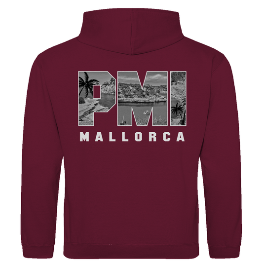 Kapuzenpullover für Herren mit PMI Airport-Code Print. Stoff-Farbe: Burgund. Fernweh zum Anziehen von travelPrint4U.de