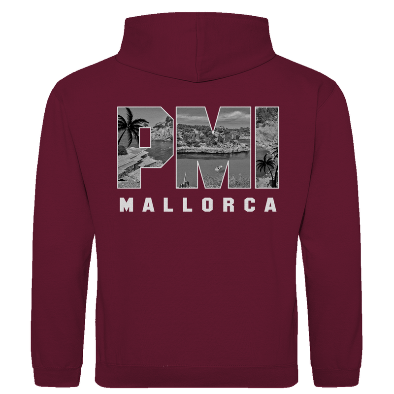 Kapuzenpullover für Herren mit PMI Airport-Code Print. Stoff-Farbe: Burgund. Fernweh zum Anziehen von travelPrint4U.de