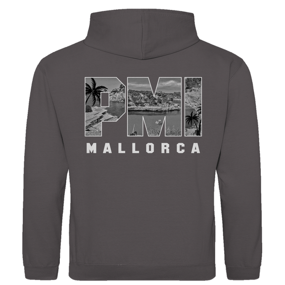 Kapuzenpullover für Herren mit PMI Airport-Code Print. Stoff-Farbe: Charcoal Heather. Fernweh zum Anziehen von travelPrint4U