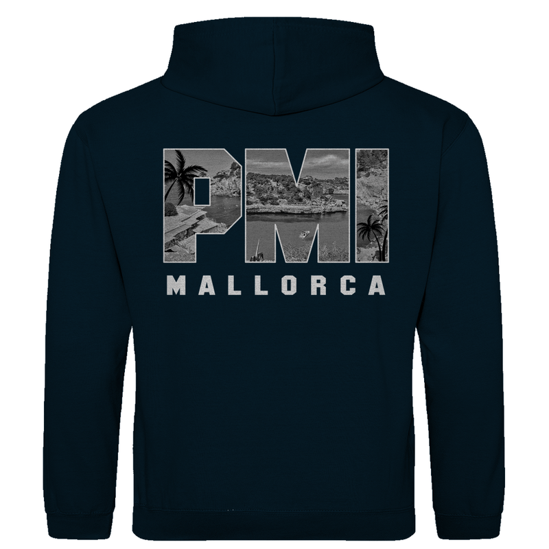 Kapuzenpullover für Herren mit PMI Airport-Code Print. Stoff-Farbe: New French Navy. Fernweh zum Anziehen von travelPrint4U