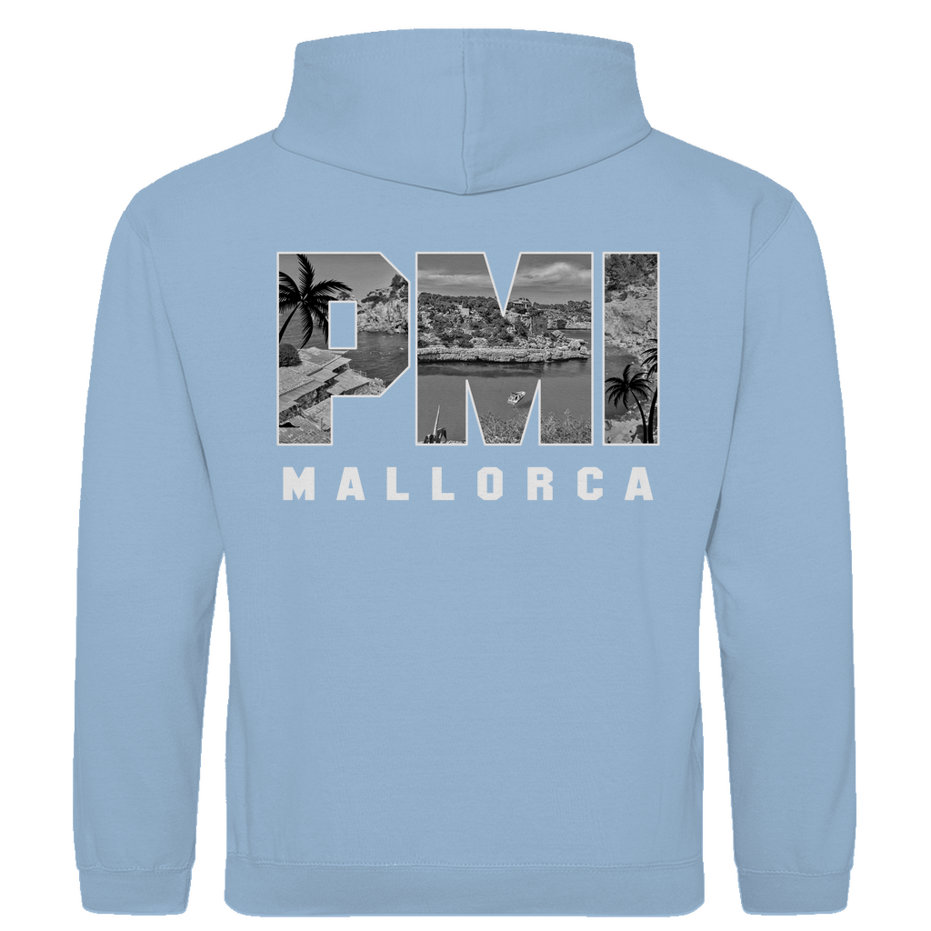 Kapuzenpullover für Herren mit PMI Airport-Code Print. Stoff-Farbe: Sky Blue. Fernweh zum Anziehen von travelPrint4U.de