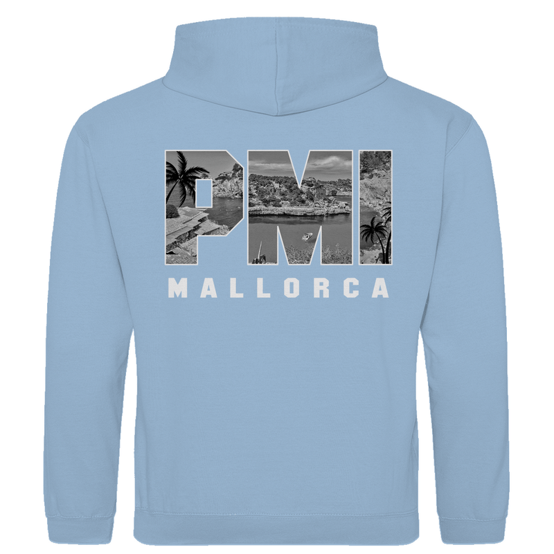 Kapuzenpullover für Herren mit PMI Airport-Code Print. Stoff-Farbe: Sky Blue. Fernweh zum Anziehen von travelPrint4U.de