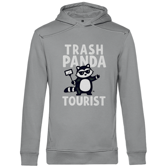 Kapuzenpullover für Herren mit Funny SELFIESTICK TOURST PANDA Print. Stoff: Heather Grey. Fernweh mal Lustig? travelPrint4U.de