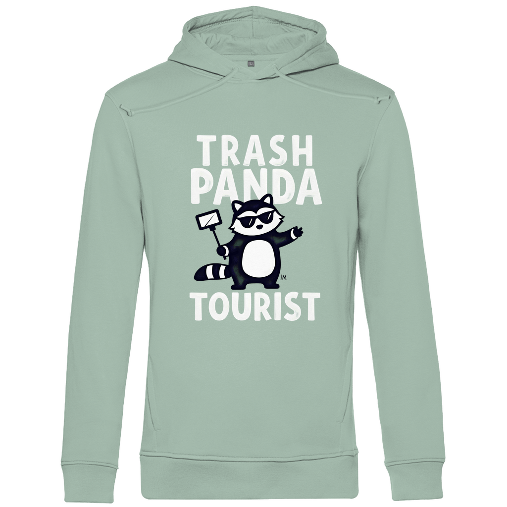 Kapuzenpullover für Herren mit Funny SELFIESTICK TOURST PANDA Print. Stoff: Sage Green. Fernweh mal Lustig? travelPrint4U.de