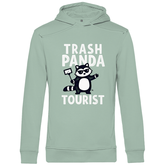 Kapuzenpullover für Herren mit Funny SELFIESTICK TOURST PANDA Print. Stoff: Sage Green. Fernweh mal Lustig? travelPrint4U.de