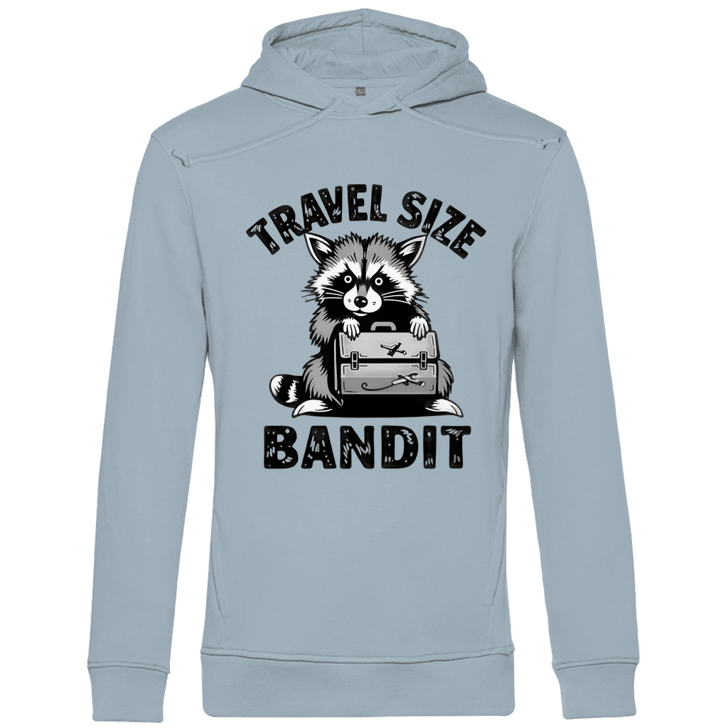 Kapuzenpullover für Herren mit Funny TRAVEL SIZE BANDIT Waschbär. Stoff-Farbe: Blue Fog. Fernweh mal lustig? travelPrint4U