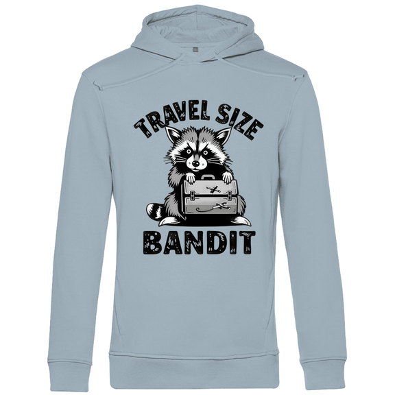 Kapuzenpullover für Herren mit Funny TRAVEL SIZE BANDIT Waschbär. Stoff-Farbe: Blue Fog. Fernweh mal lustig? travelPrint4U
