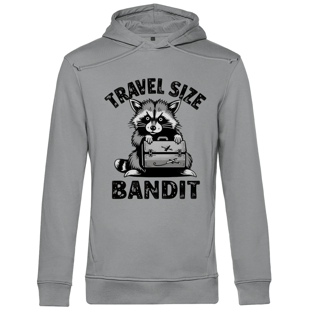 Kapuzenpullover für Herren mit Funny TRAVEL SIZE BANDIT Waschbär. Stoff: Heather Grey. Fernweh mal lustig? travelPrint4U