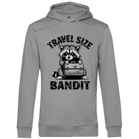 Kapuzenpullover für Herren mit Funny TRAVEL SIZE BANDIT Waschbär. Stoff: Heather Grey. Fernweh mal lustig? travelPrint4U