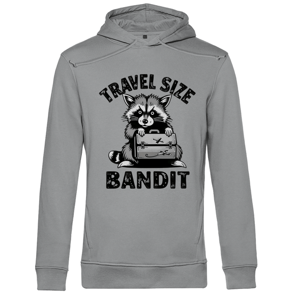 Kapuzenpullover für Herren mit Funny TRAVEL SIZE BANDIT Waschbär. Stoff: Heather Grey. Fernweh mal lustig? travelPrint4U