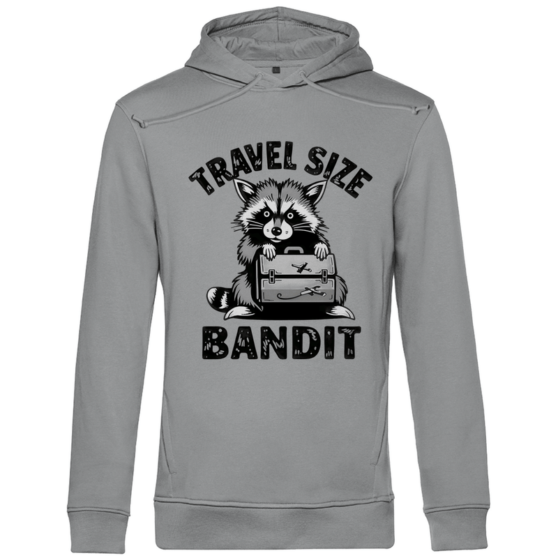 Kapuzenpullover für Herren mit Funny TRAVEL SIZE BANDIT Waschbär. Stoff: Heather Grey. Fernweh mal lustig? travelPrint4U