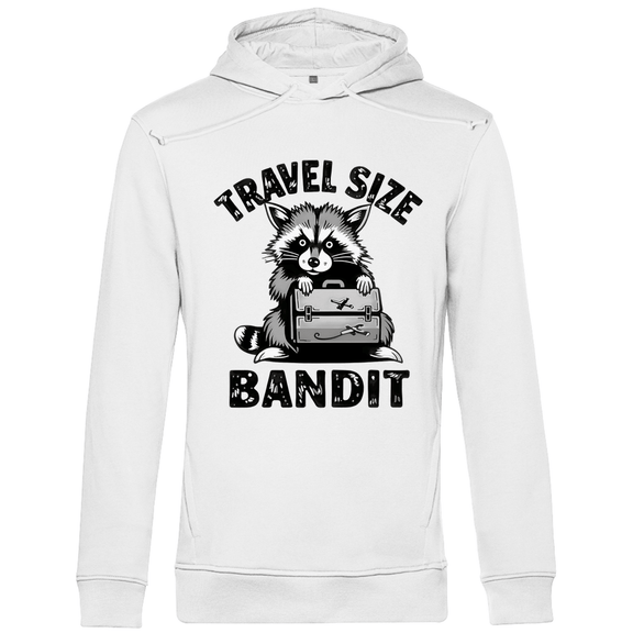 Kapuzenpullover für Herren mit Funny TRAVEL SIZE BANDIT Waschbär. Stoff-Farbe: White. Fernweh mal lustig? travelPrint4U