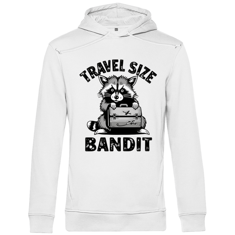 Kapuzenpullover für Herren mit Funny TRAVEL SIZE BANDIT Waschbär. Stoff-Farbe: White. Fernweh mal lustig? travelPrint4U