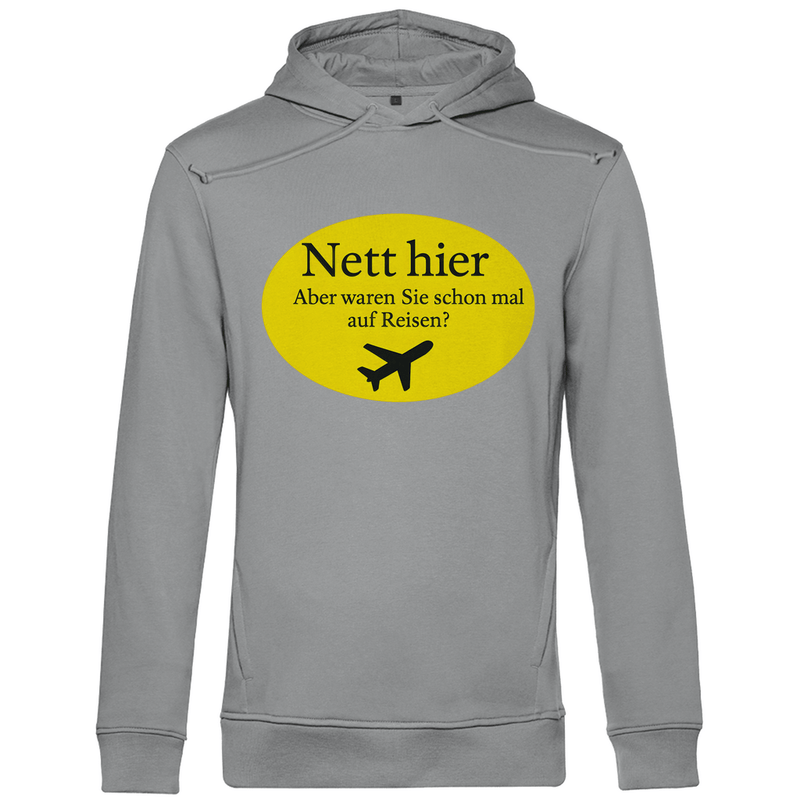 Hoodie für Herren mit NETT HIER (waren sie schon mal auf Reisen) Print. Stoff: Heather Grey. Fernweh mal lustig? travelPrint4U