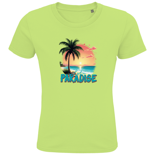 Kinder T-Shirts mit buntem LOST IN PARADISE Aufdruck. Stoff-Farbe: Apple Green. Fernweh zum Anziehen? travelPrint4U.de