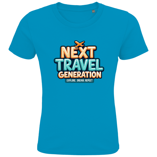 Kinder T-Shirts mit buntem NEXT TRAVEL GENERATION Aufdruck. Stoff-Farbe: Aqua. Fernweh zum Anziehen? travelPrint4U.de