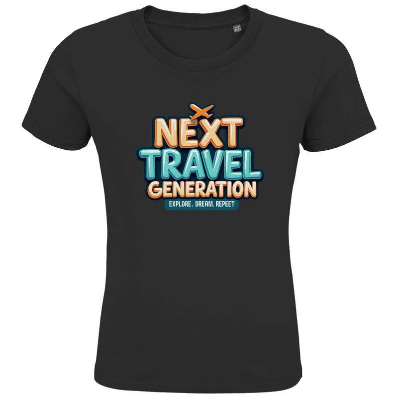 Kinder T-Shirts mit buntem NEXT TRAVEL GENERATION Aufdruck. Stoff-Farbe: Black. Fernweh zum Anziehen? travelPrint4U.de