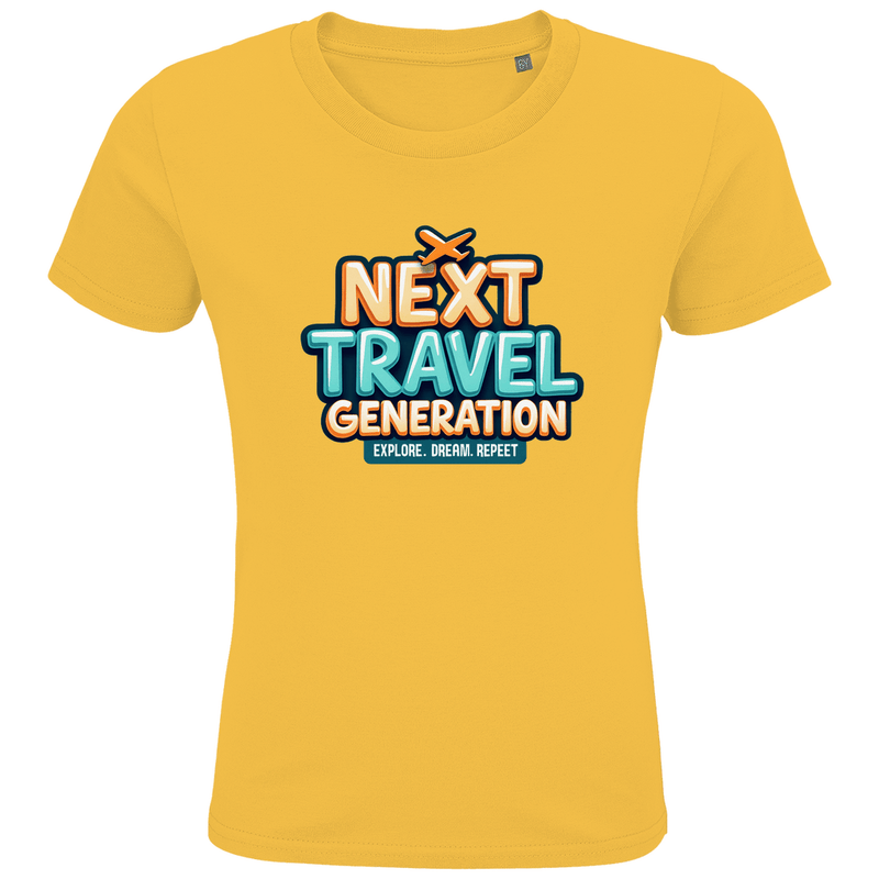 Kinder T-Shirts mit buntem NEXT TRAVEL GENERATION Aufdruck. Stoff-Farbe: Gold Gelb. Fernweh zum Anziehen? travelPrint4U.de
