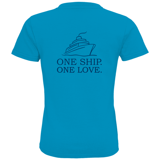 Kinder T Shirts mit ONE SHIP ONE LOVE Print (blau), 2seitiges Design. Stoff-Farbe: Atoll. Fernweh zum Anziehen? travelPrint4U