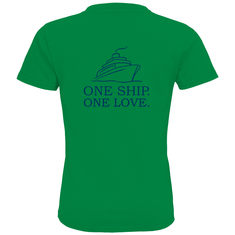 Kinder T Shirts mit ONE SHIP ONE LOVE Print (blau), 2seitiges Design. Stoff-Farbe: Green. Fernweh zum Anziehen? travelPrint4U