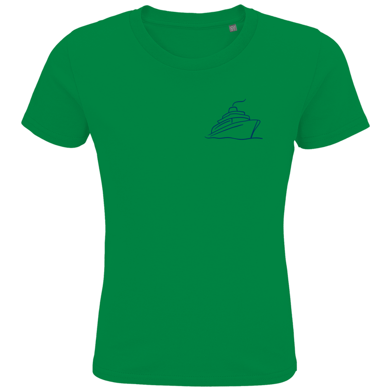 Kinder T Shirts mit ONE SHIP ONE LOVE Print (blau), 2seitiges Design. Stoff-Farbe: Green. Fernweh zum Anziehen? travelPrint4U