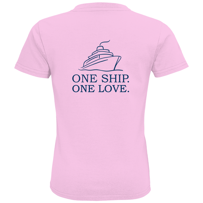 Kinder T Shirts mit ONE SHIP ONE LOVE Print (blau), 2seitiges Design. Stoff-Farbe: Pink. Fernweh zum Anziehen? travelPrint4U
