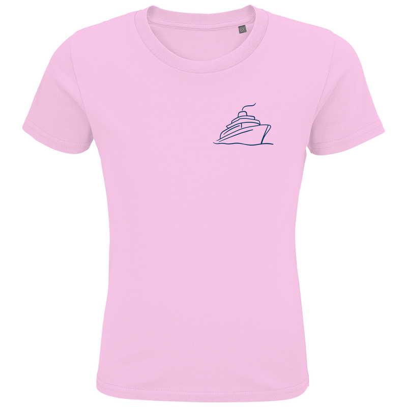 Kinder T Shirts mit ONE SHIP ONE LOVE Print (blau), 2seitiges Design. Stoff-Farbe: Pink. Fernweh zum Anziehen? travelPrint4U