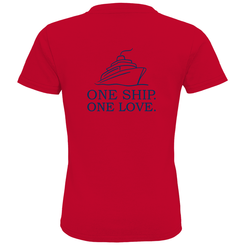 Kinder T Shirts mit ONE SHIP ONE LOVE Print (blau), 2seitiges Design. Stoff-Farbe: Red. Fernweh zum Anziehen? travelPrint4U