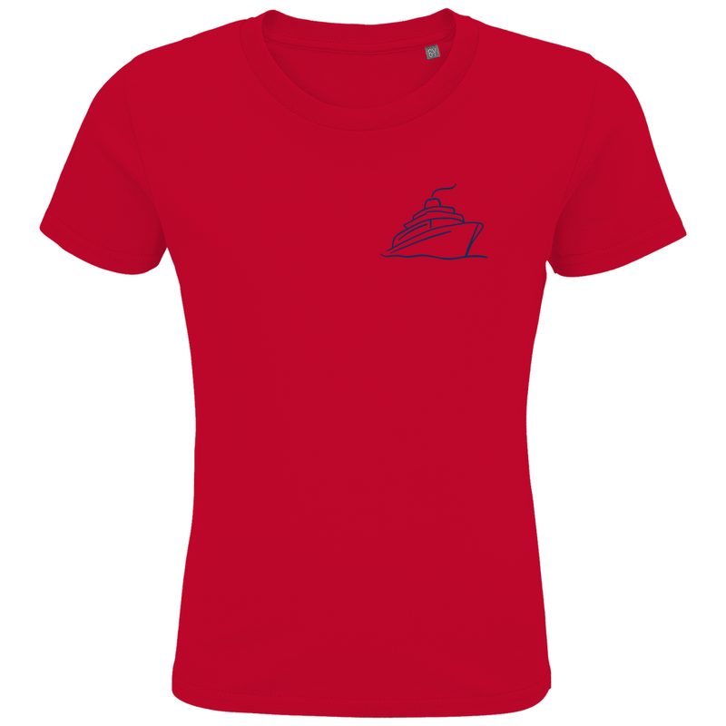 Kinder T Shirts mit ONE SHIP ONE LOVE Print (blau), 2seitiges Design. Stoff-Farbe: Red. Fernweh zum Anziehen? travelPrint4U