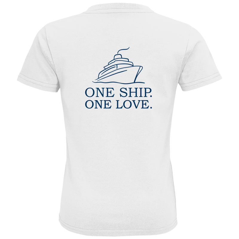 Kinder T Shirts mit ONE SHIP ONE LOVE Print (blau), 2seitiges Design. Stoff-Farbe: White. Fernweh zum Anziehen? travelPrint4U